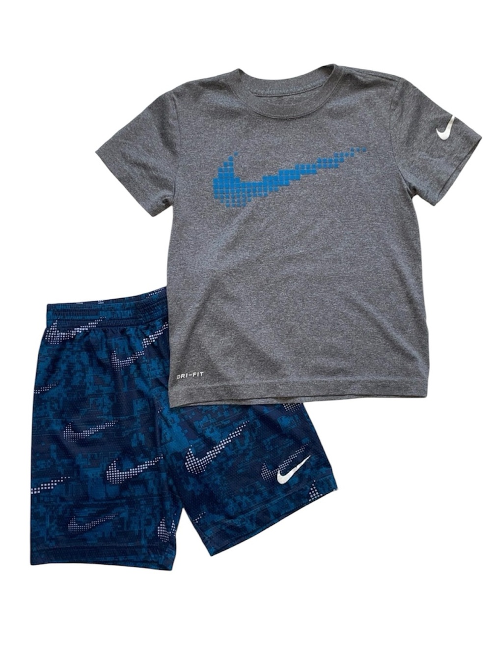 Nike Gray Tee with Blue Pixel Swoosh & Navy Patterned Shorts